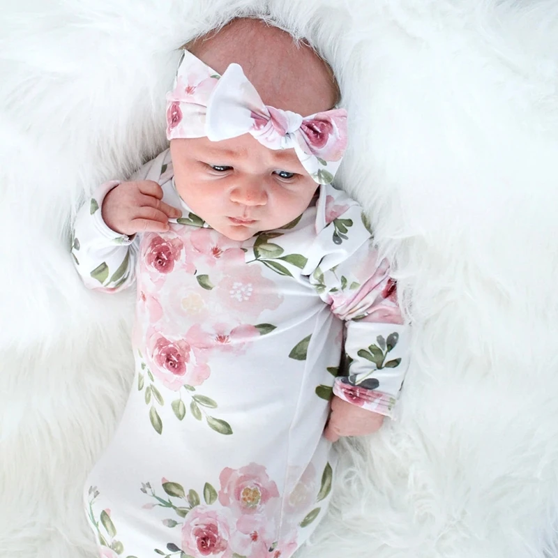 

Y3NF Newborn Cotton Knot Swaddle Wrap Blanket Sleeping Bag with Headband 2Pcs