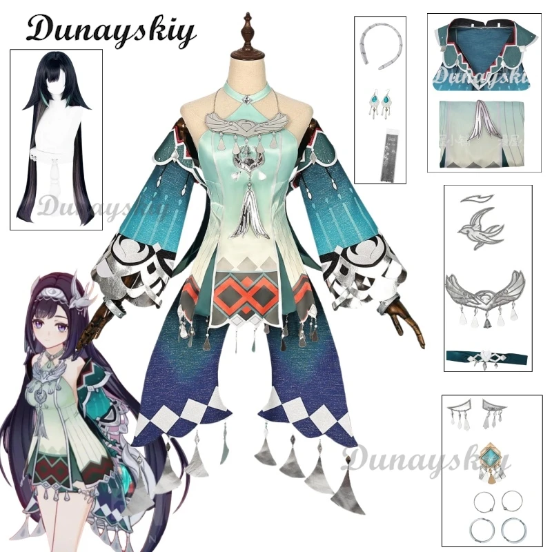 Genshin Impact Lan Yan Косплей Костюм Парик Платье Головные Уборы Серьги Liyue Весенняя