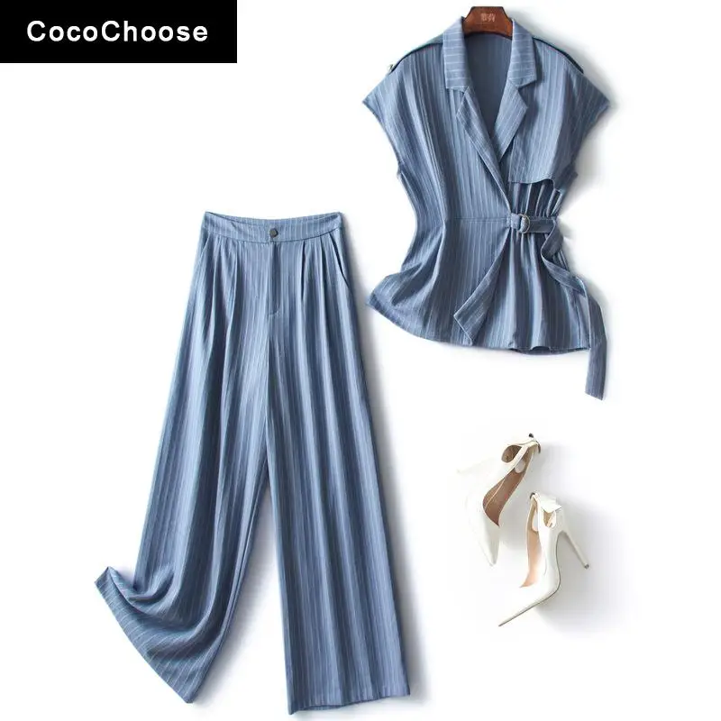 

Elegant Linen Trousers Suits Summer 2022 Business Casual Sashes Kimono Top + Striped Wide Leg Pants 2 Piece Sets Womens Outfits
