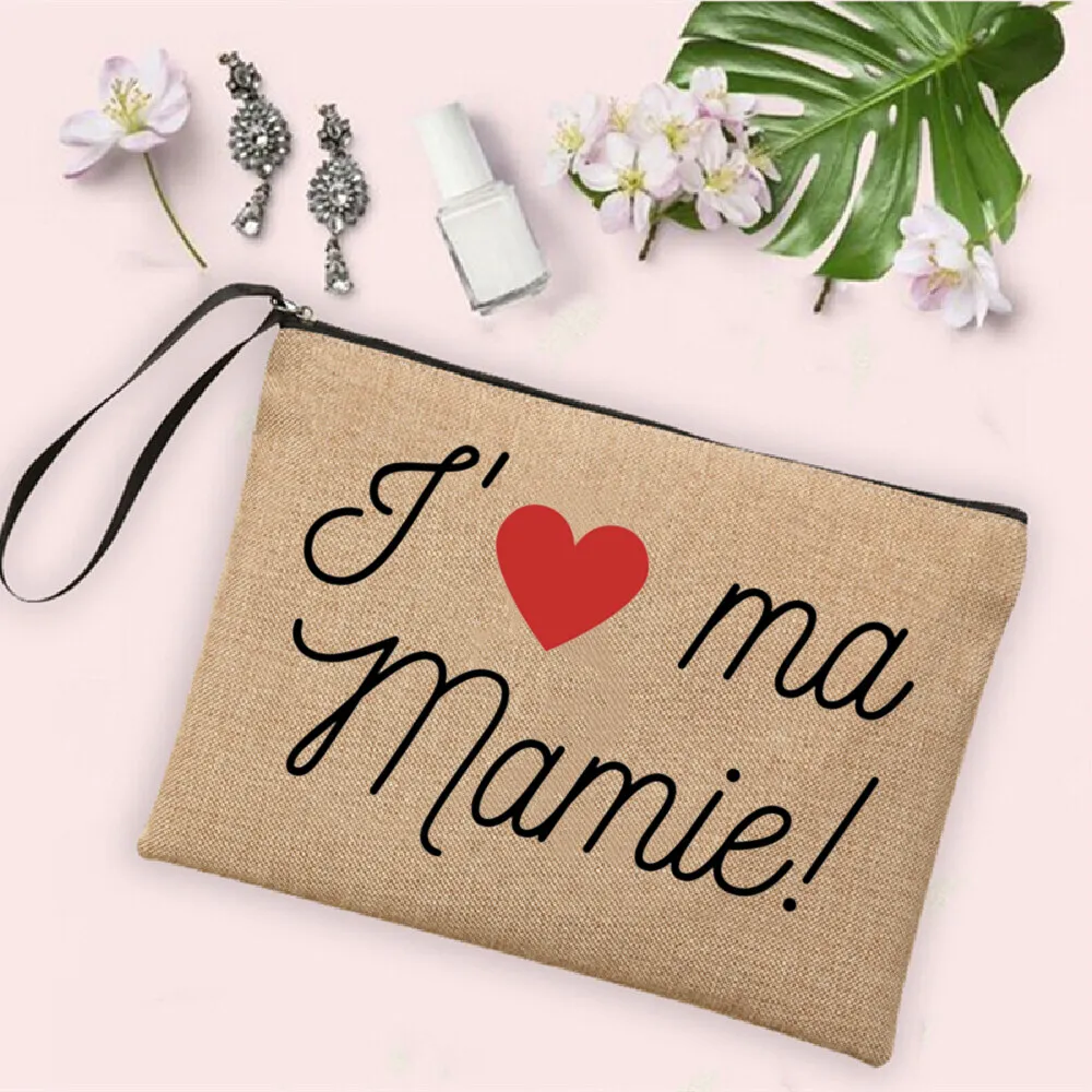 French Print  Zipper Cosmetic BagTata Gift for MamieGrandmother Travel Neceser Toiletry Pouch Pregnancy Announcement Makeup Bag