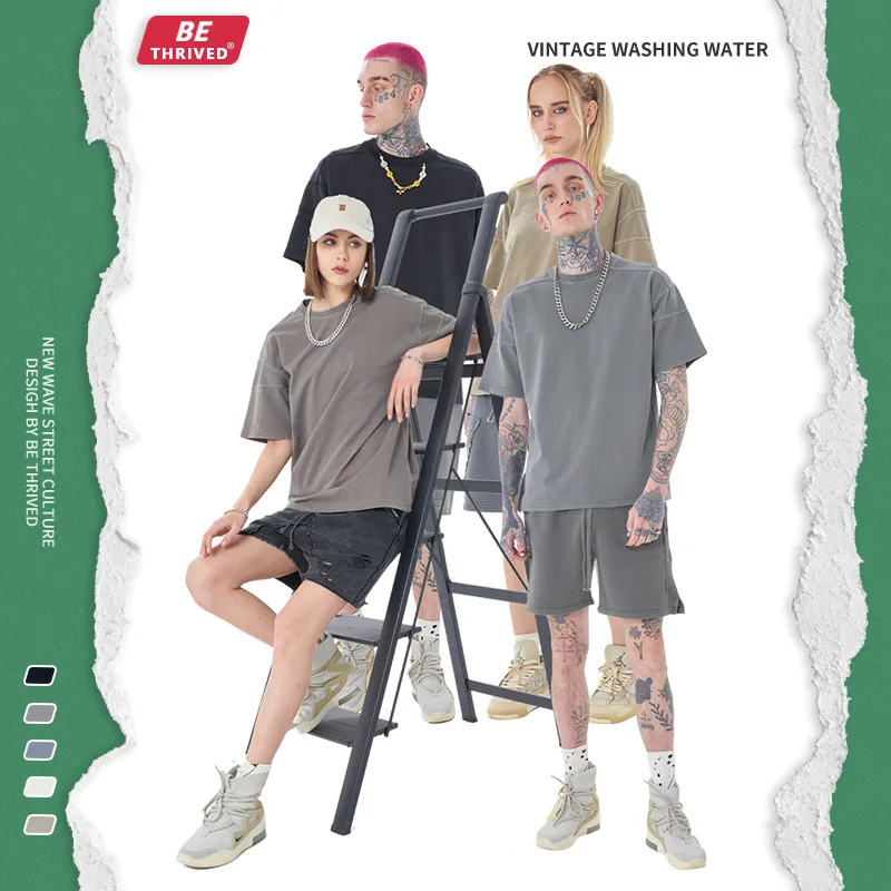 

BE THRIVED Summer Washed Heavy Cotton Oversized T-shirt Men's American Retro High Street Tide Brand O-neck Short-sleeved T-shirt