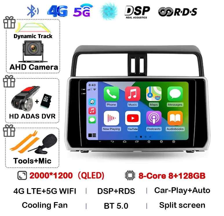 

Автомагнитола Carplay для Toyota Land Cruiser Prado 150, 2018, 2019, 2020, Android 14, мультимедийный проигрыватель с Wi-Fi и 4G, 2 Din, видео, стерео