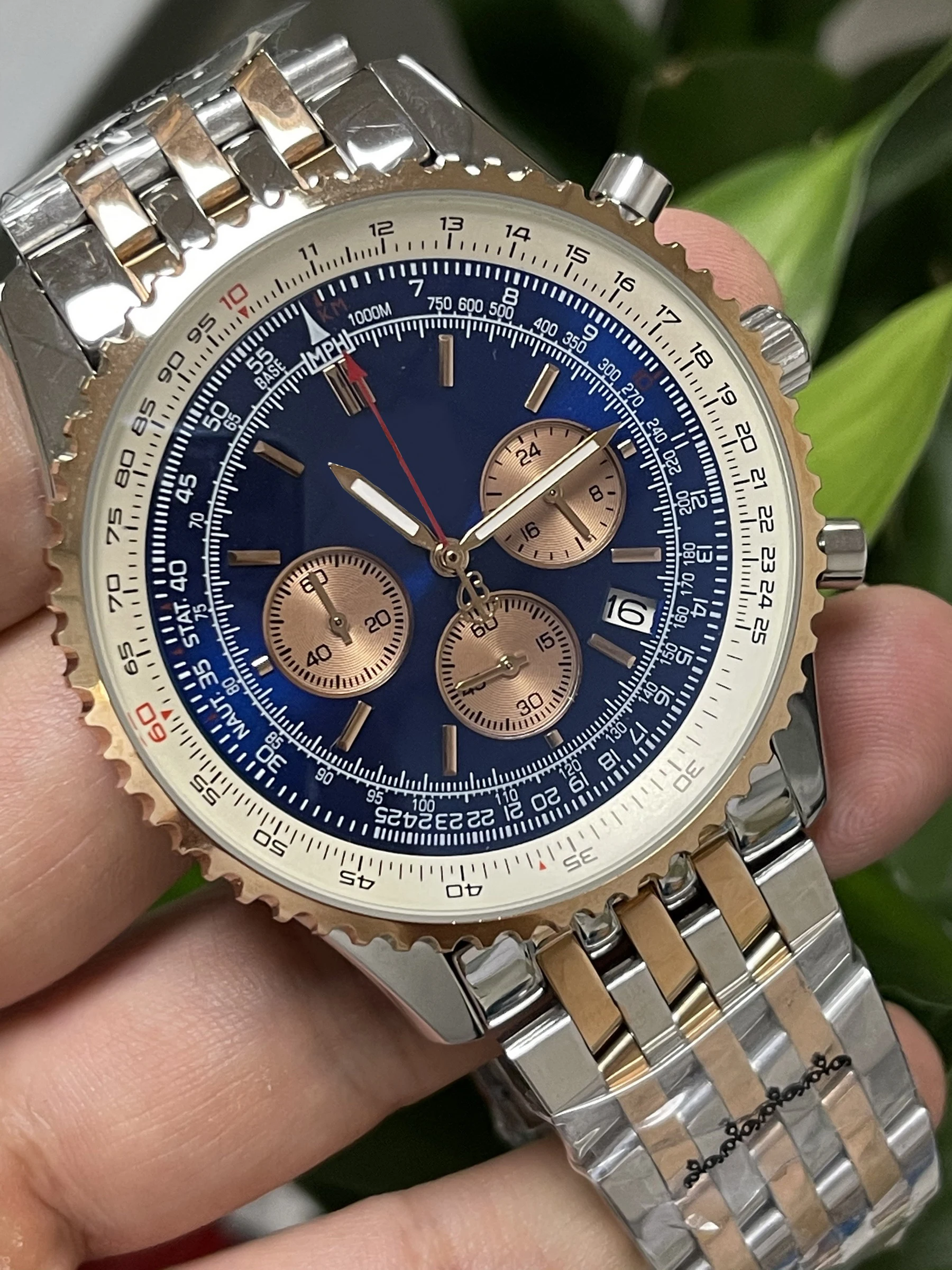 

mens quartz chronograph watch Rose Gold black blue Dial