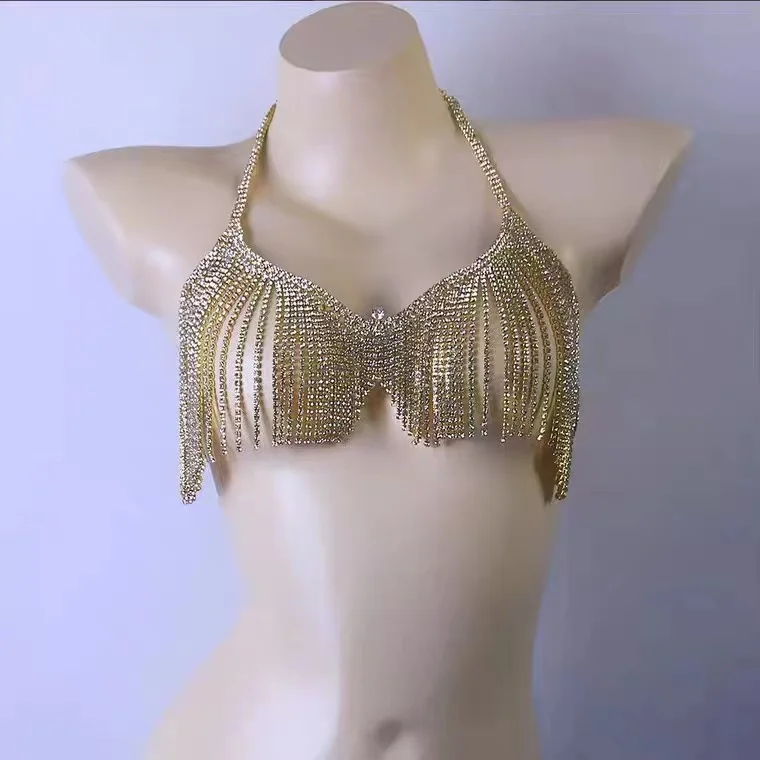 

Shiny Big Tassel Gold Rhinestone Body Chain Chest Chain Fashion Chest Accessories