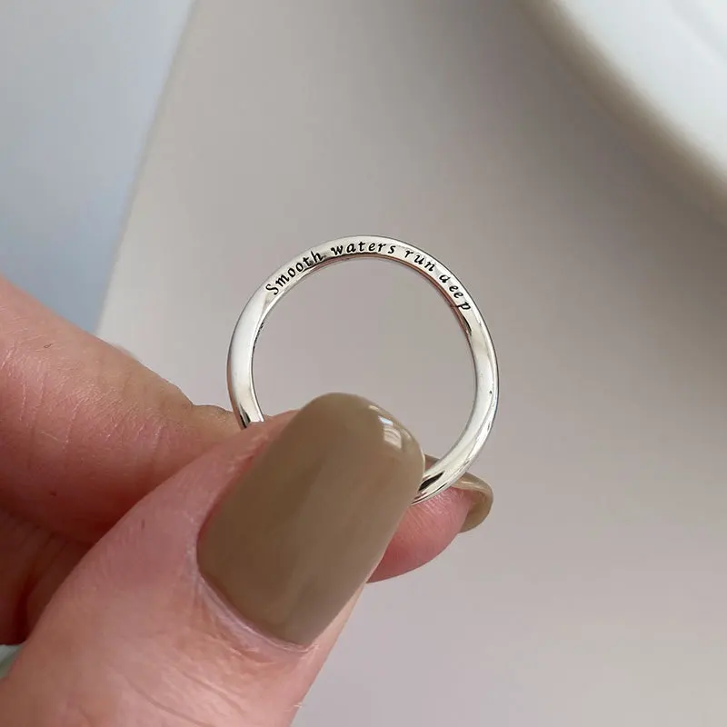 Silvology Real 925 Sterling Silver Smooth Waters Run Deep Wave Letter Rings for Women Elegant Thin INS Minimalist Trend Jewelry