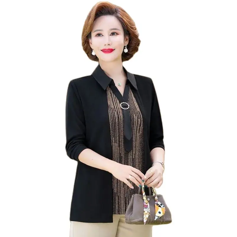 

Women Blouse And Tops Spring Autumn Long Sleeve Fake Two Pieces Shirts Large Size Middle Age Female Elegant Bottoming Shirt 5XL