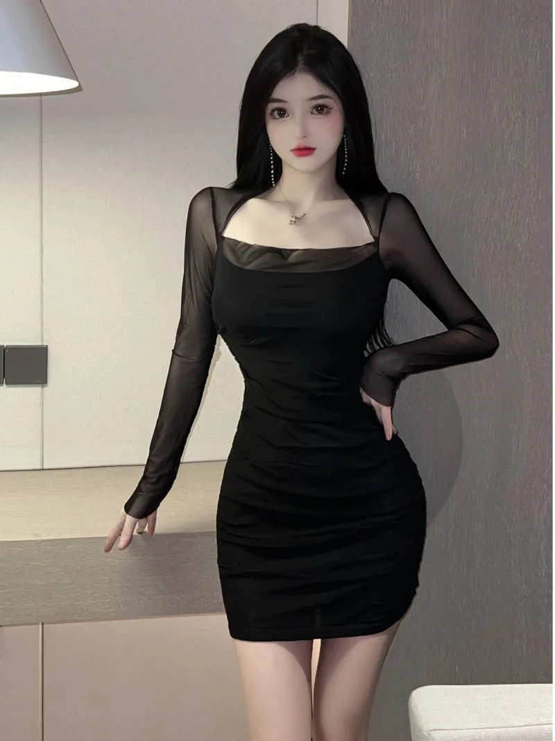 

2023 Spring New Women's Sexy Spicy Girl Small Square Neck Gauze Spliced Slim fashion Pleated Wrapped Hip Solid Color Dress 225L