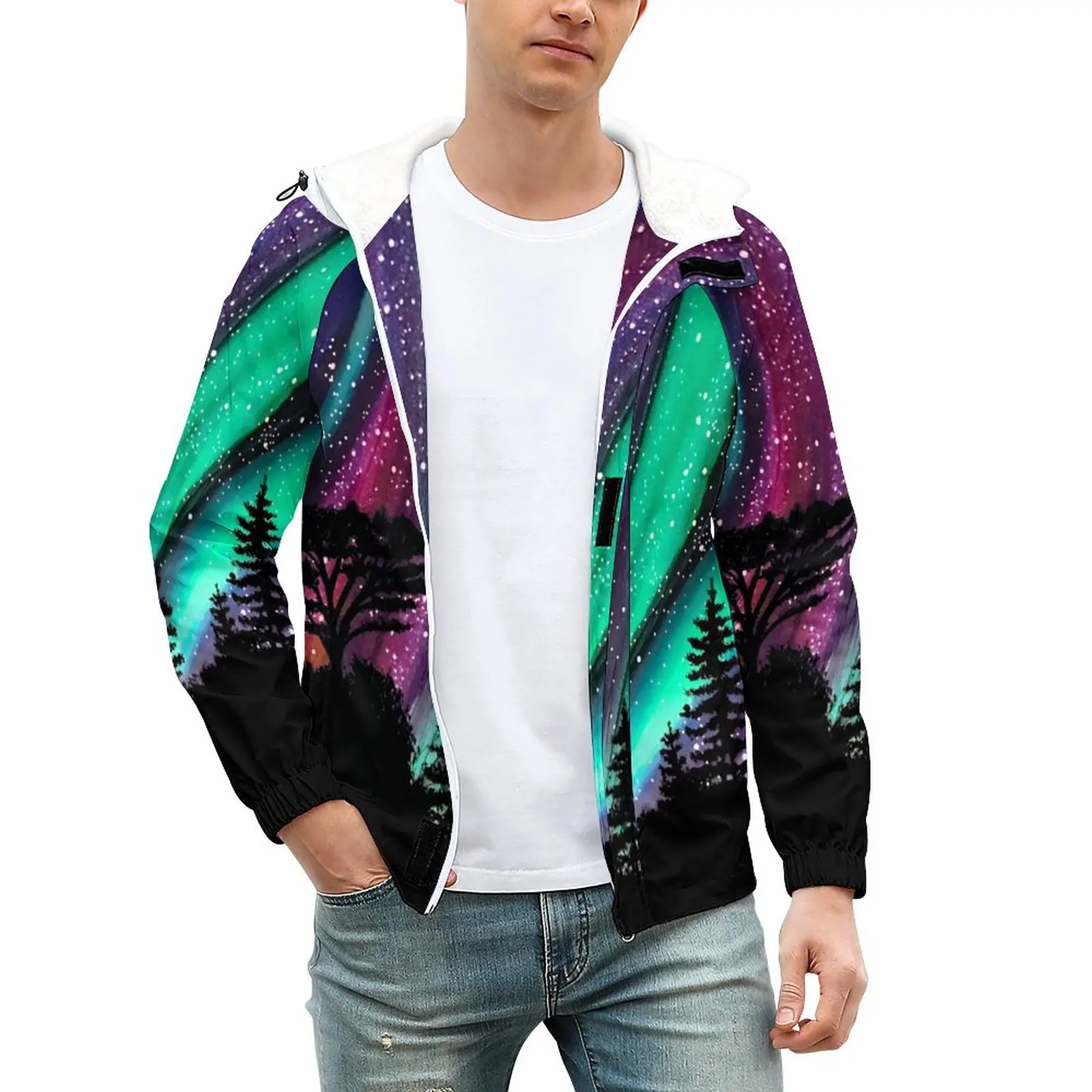 

Mystic куртки с принтом леса зимние Северные огни Современные Плотные Теплые повседневные пальто на молнии свободная ветрозащитная графическ...