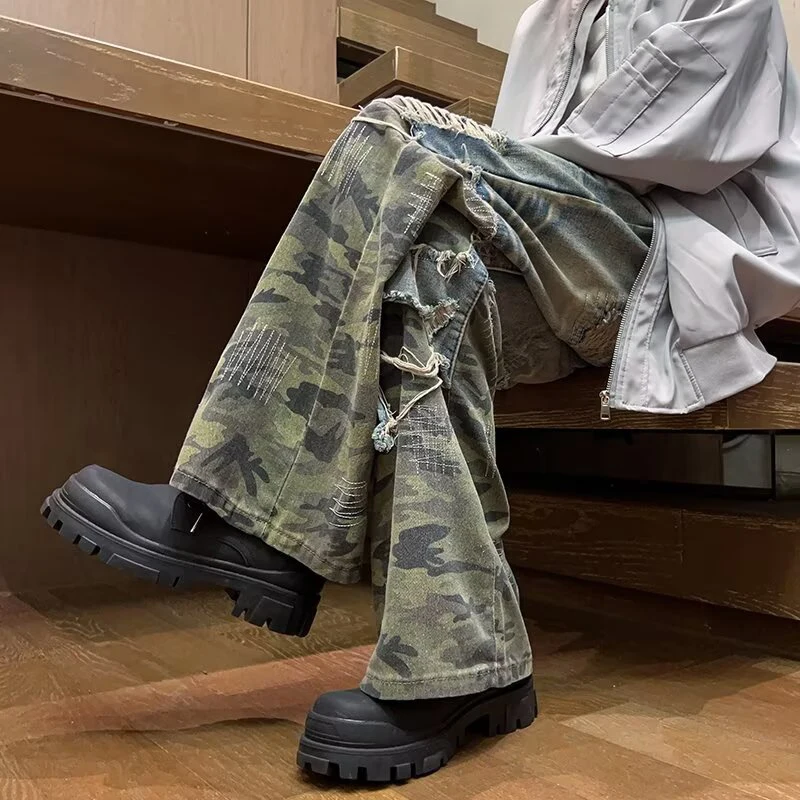 FEWQ High Street Американские камуфляжные микро-расклешенные джинсы с модным дизайном