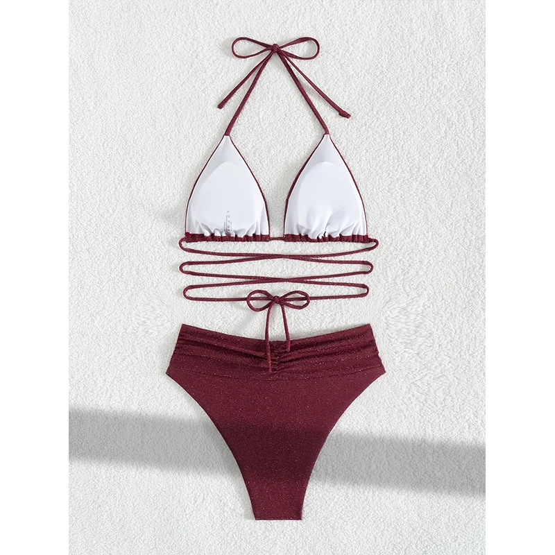 FASKOB однотонный сексуальный купальник-бикини на шнурке женский купальник из двух