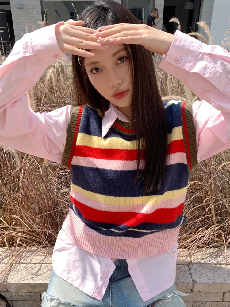 

Korobov Y2k College Style Vintage Cropped Sweaters Rainbow Stripe Knitwears Vest Autumn Winter Sleeveless Fashion Chaleco Mujer