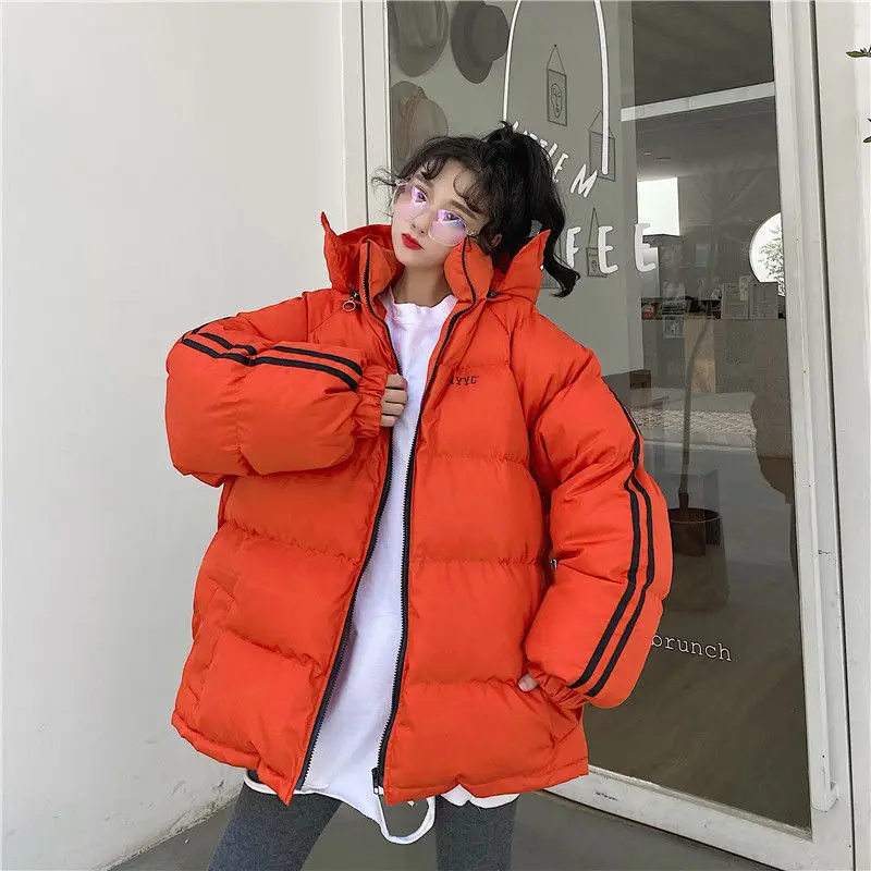 Autumn and Winter New Loose Simple Casual Wild Fashion Trend Solid Color Striped Down Jacket Plus Velvet Thick Thick Coat