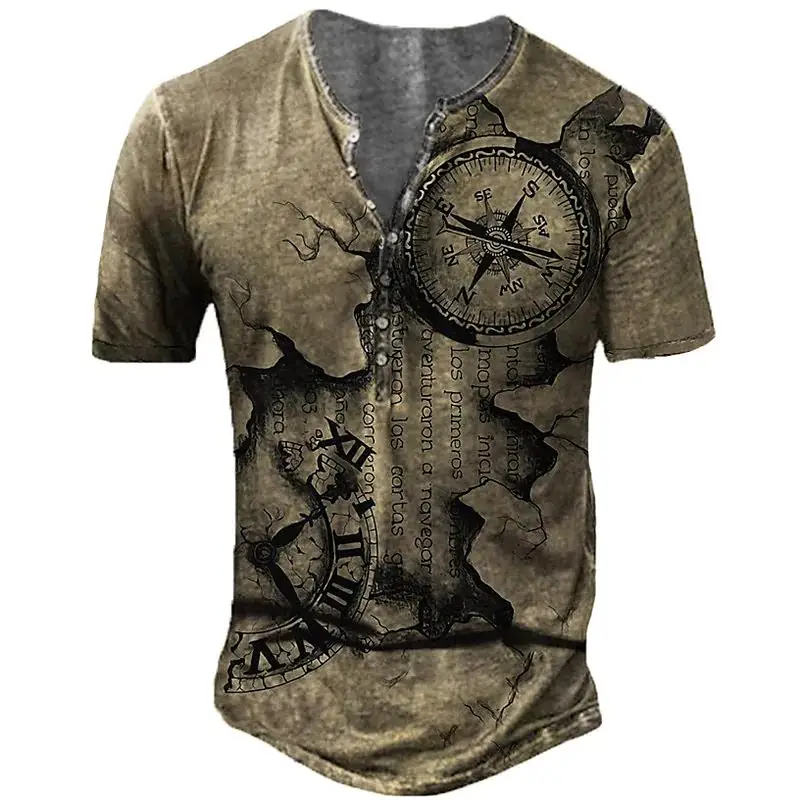 

Men's Henry T-Shirts 3D Compass Graphics Button-Up Shirts V-Neck Oversized Henry Sweatshirts Designer Casual Men's T Shirt Tops
