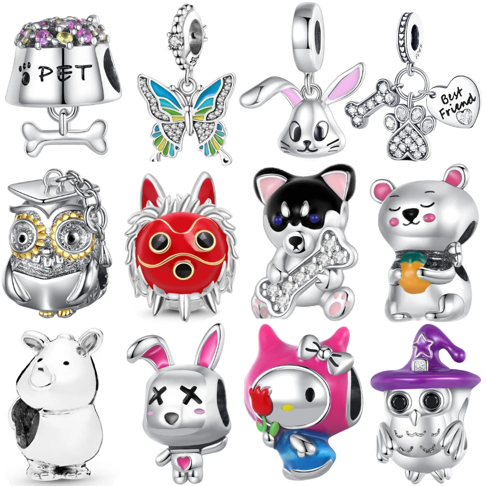 

Эмалированные бусины из стерлингового серебра 925 пробы с цирконом, шармы с милыми животными, Кроликом, совой, собакой, подходят для оригинал...