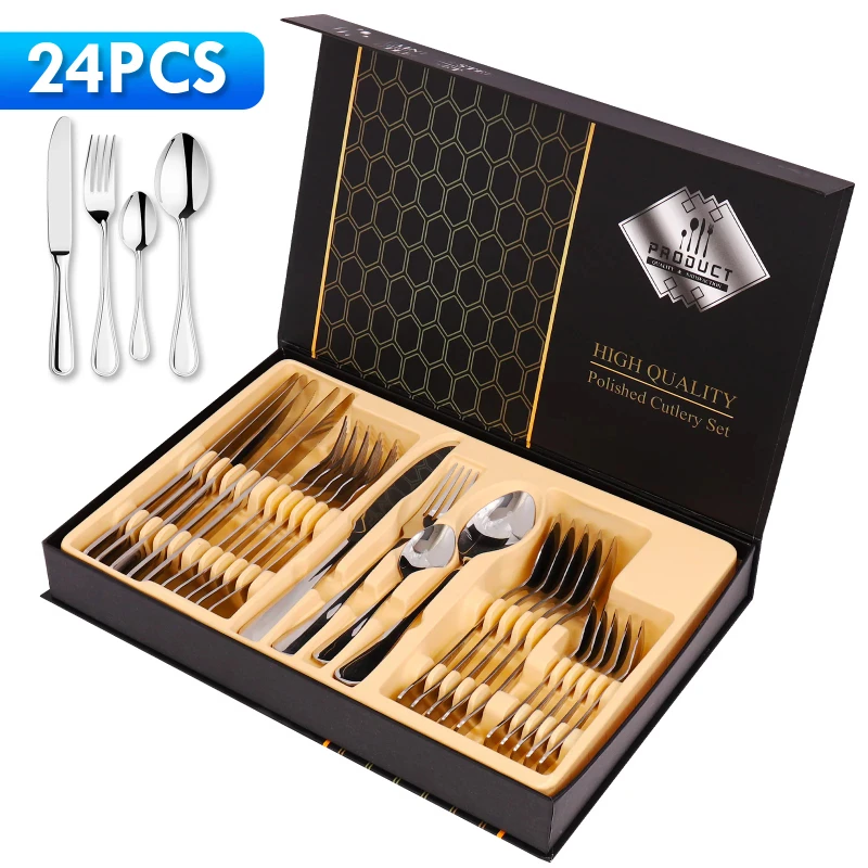 

24 Piece Stainless Steel Flatware Set Cutlery Silverware Set,Silver Tableware Service for 6,Mirror Finish Set with Gift Box