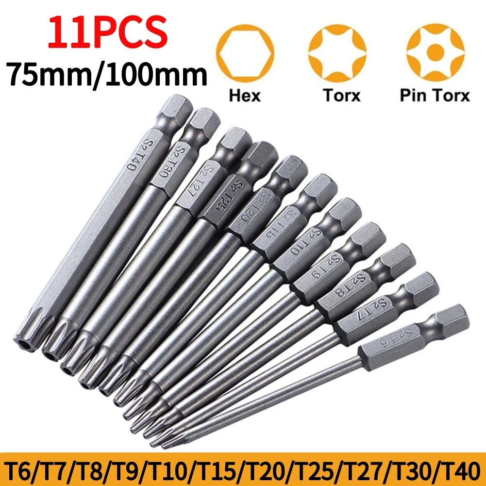 

11pcs Torx Screwdriver Bit Set 6.35mm Hex Shank Security Magnetic Head T7/T8/T9/T10/T15/T20/T25/T27/T30/T40 75mm/100mm