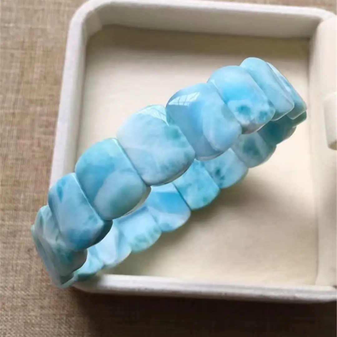 

Natural Blue Larimar Bracelet Bangle For Women Men Gift Crystal 14x10mm Beads Dominica Water Pattern Stone Strands Jewelry AAAAA