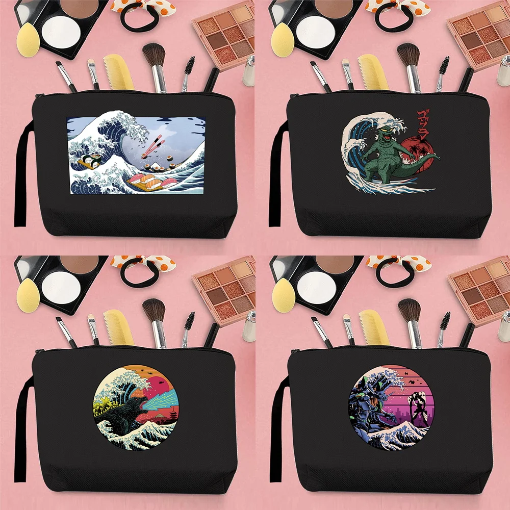 

Street Trend Woman Cosmetic Bag Wave Pattern Printing Commuter Toiletries Canvas Black Storage Change Creative Small Clutch