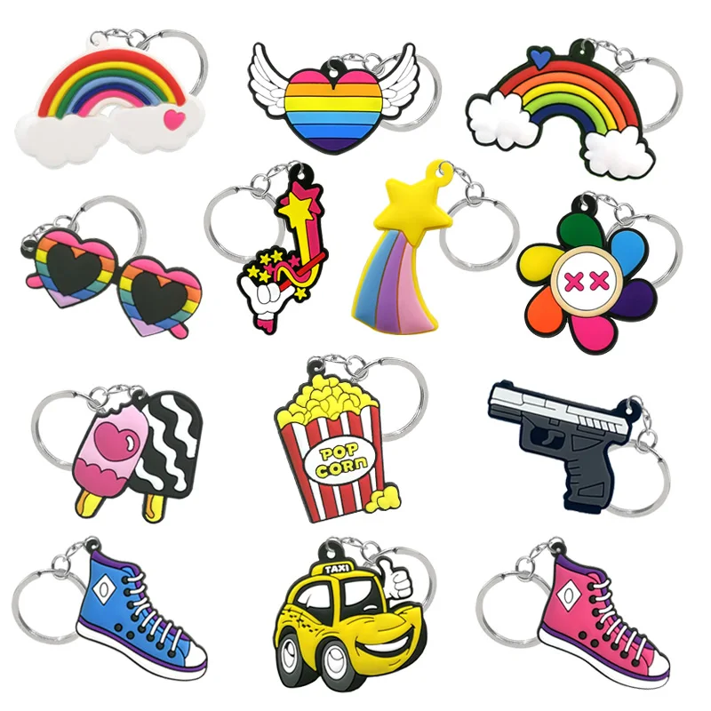 

20PCS Rainbow Sunglasses Car Flower PVC Key Chains Cute Keyring Key Holder Key Rings Car Key Pendant Small Bag Ornament Gift