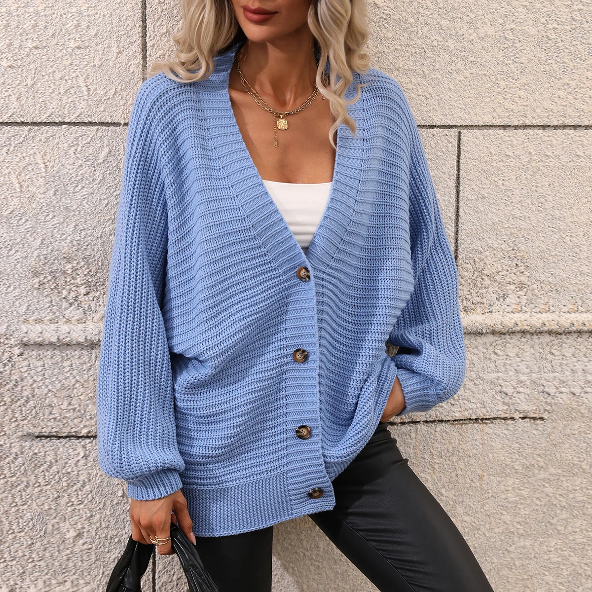 

Womens Sweaters 2023Trend Solid Color V-Neck Long-Sleeve Loose Knitwears Cardigans for Ladies