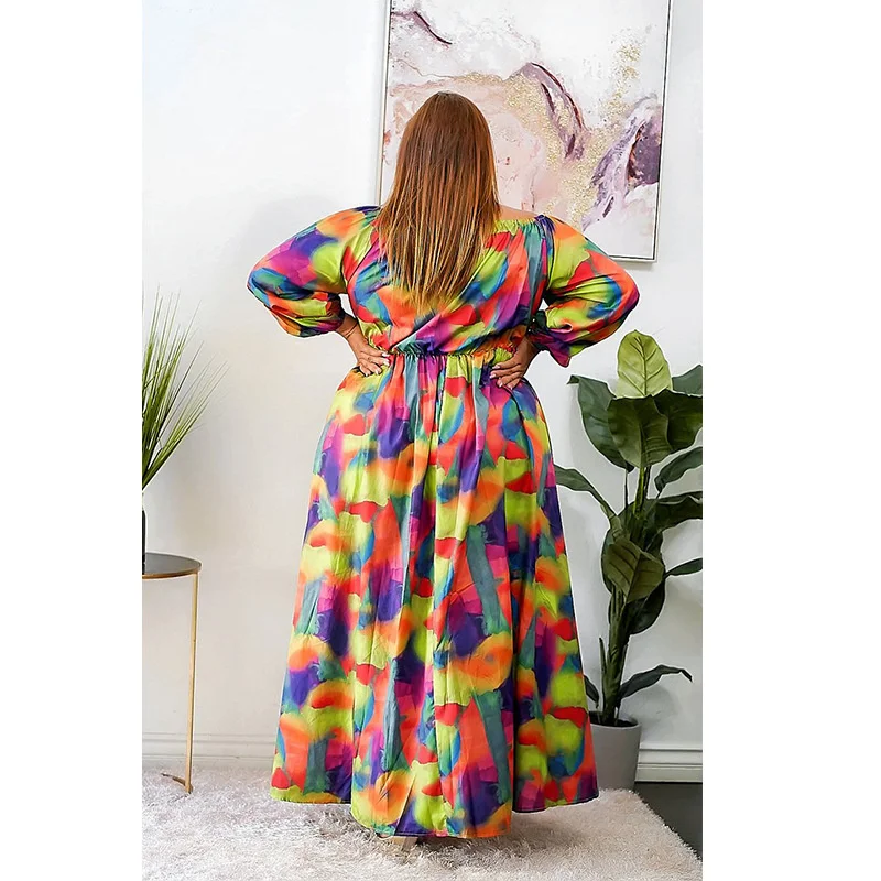 Plus Size Large Women's Dress New Slash Neck Oversize Dress Temperament Print Fashion Button Loose Swing Long Sleeve Dresses