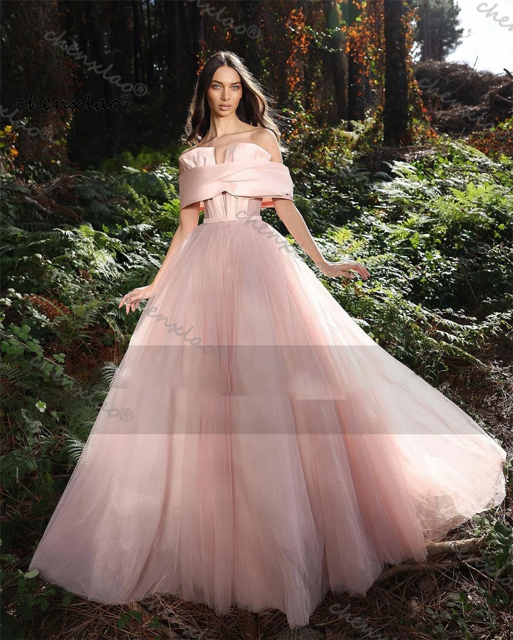 

Chenxiao Simple Pink Tulle Prom Dresses Long Satin Off The Shoulder Formal Evening Gowns Women Special Occasion Dress 2022