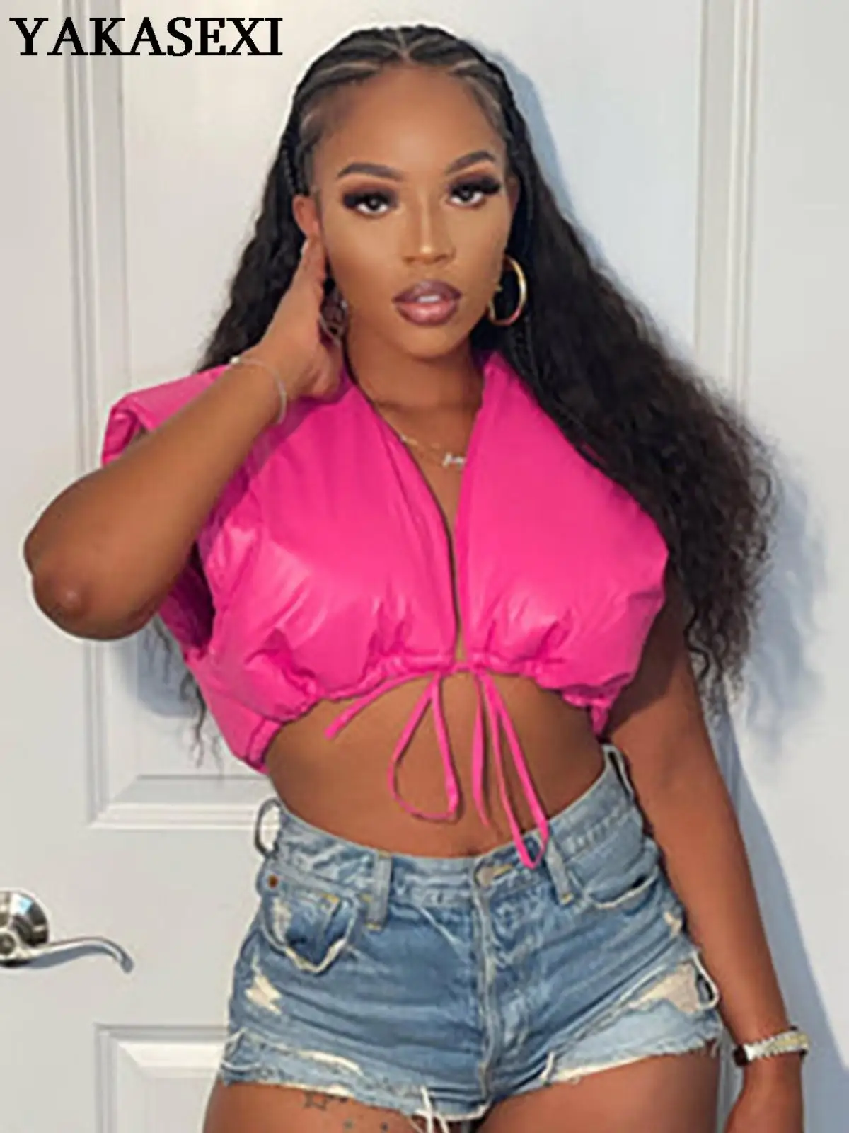 

YAKASEXI 2022 Drawstring Lace Up Crop Top Women Sleeveless V Neck Solid Vest Autumn Winter Warm Cropped Jackets