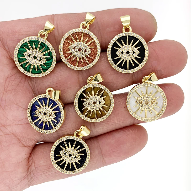 

Unique Natural Stone Round Turkish Evil Eye Necklace Pendant Vintage Gold Plated Zircon Jewelry Making Charm Accessories