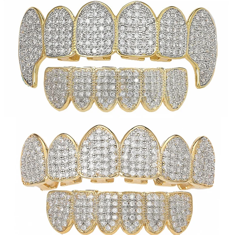 

Hip Hop Teeth Grillz Iced Out Zircon Mouth Caps Top & Bottom Grill Set Men Women Gold Plated Vampire Grills dropshipping