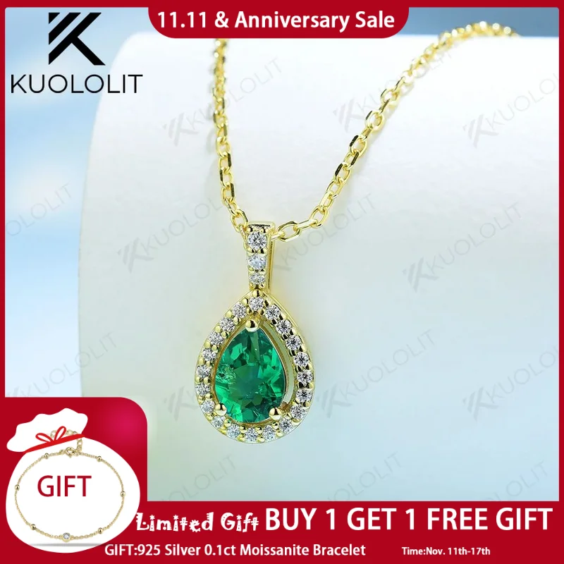 

Kuololit Lab Grown Colombia Emerald Necklaces for Women 925 Silver Sterling Yellow Gold Water Drop Pendant with Chain for party