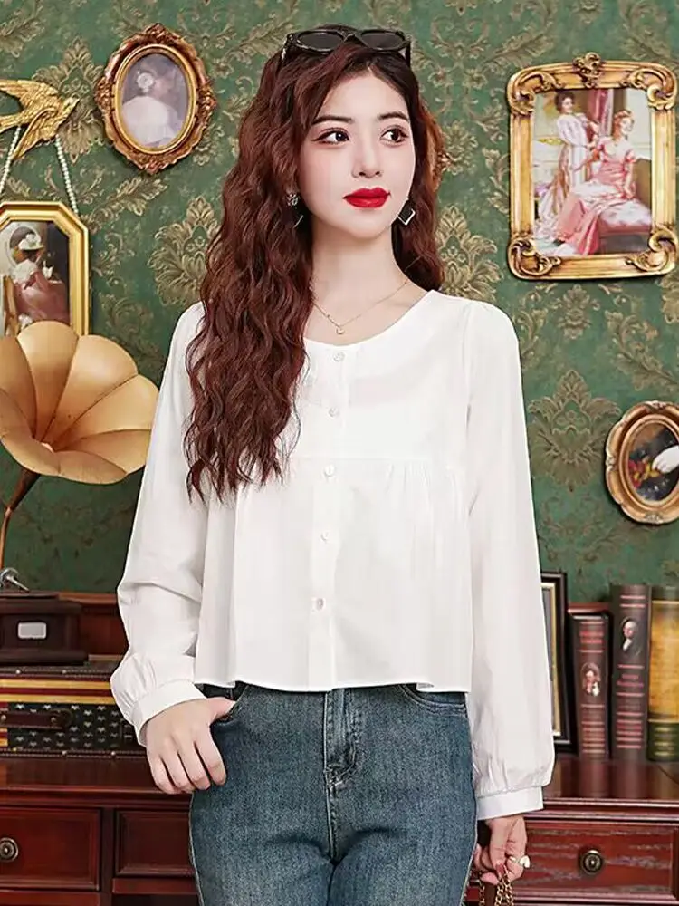 Рубашка женская шифоновая с длинным рукавом и круглым вырезом