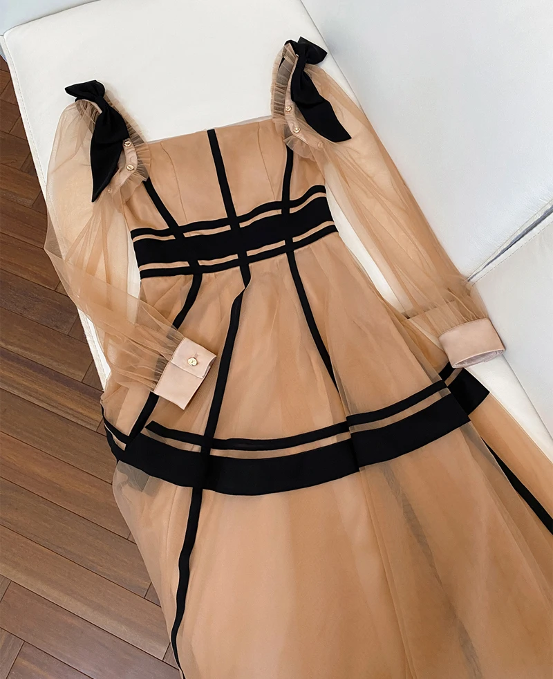 

Khaki Color Vintage Bow Mesh Elegant Women Dress Ruched Folds Puff Sleeves Lady Ball Gown Evening Dresses Clothes