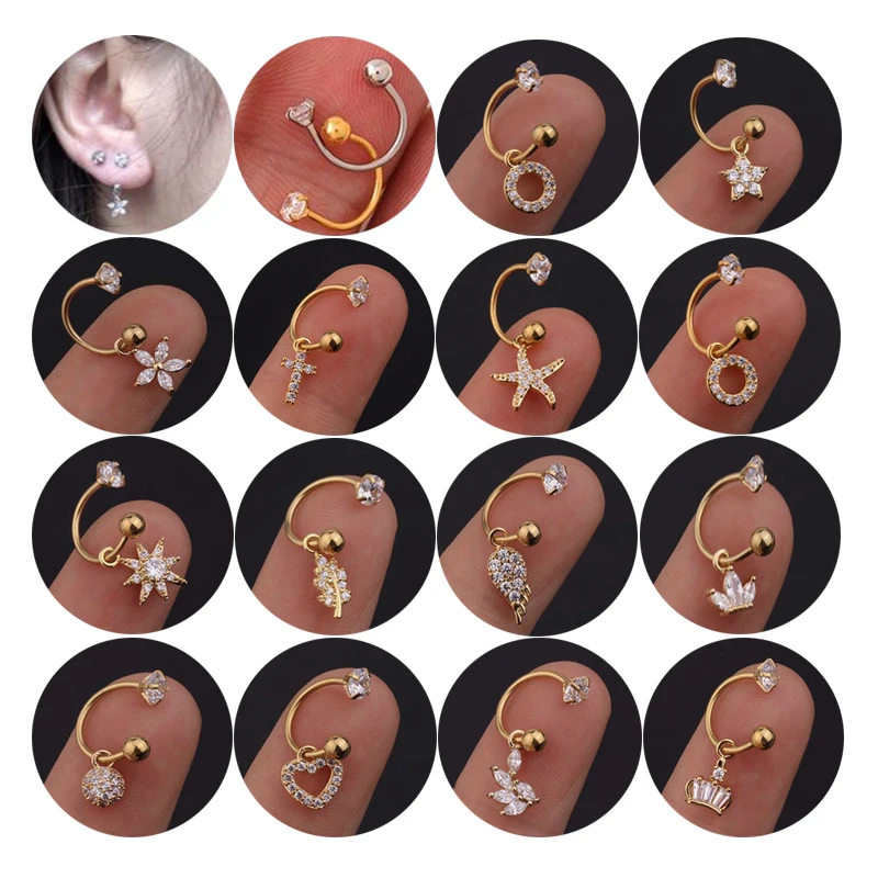 1PCS 316L Surgical Steel Ear Piercing Earrings Zircon Conch Pendant Ear Ring Cartilage Tragus Helix Piercing Fashion Jewelry images - 6