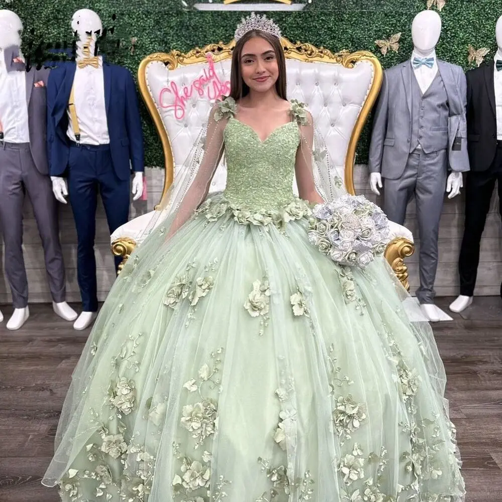 

Elegant Sage Green Quinceanera Dresses Ball Gown For 15 16 Party 3D Flower With Cloak Lace Applique Birthday Princess Gowns