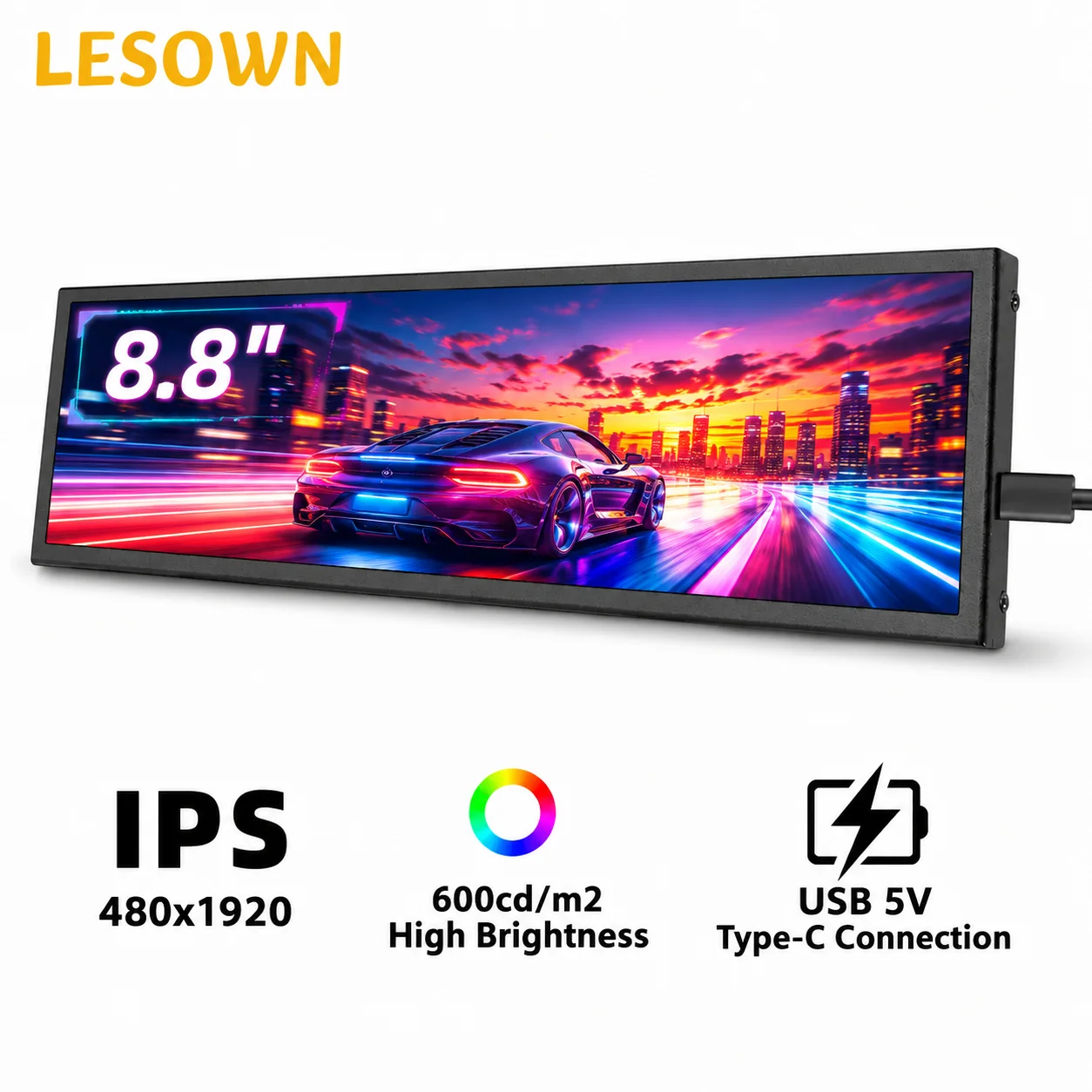 Фото Ультраширокий дополнительный монитор LESOWN SBC 8,8 дюйма 480x1920 Type-C, белая алюминиевая панель дисплея для Banana Pi и ПК №1
