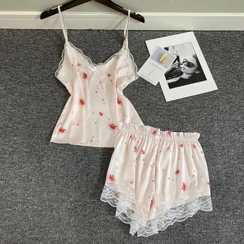 

Summer Suspender Pajamas Set Sexy Lace Strap Top&shorts Pijamas Sleep Suit Women Print Sleepwear Lingerie Satin Hom Clothes