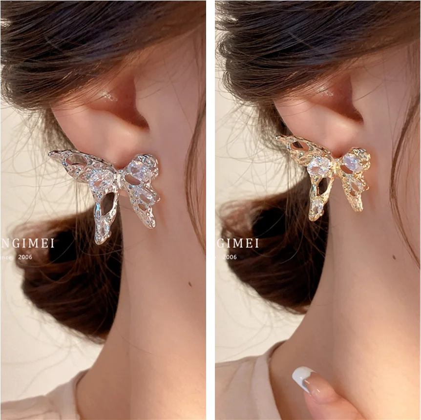

Silver Needle Zircon Hollow Irregular Butterfly Earrings Metal Cool Wind Design Stud Earrings Temperament Earrings Women