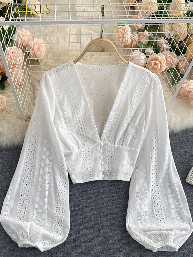 

J GIRLS Sexy Hollow Out Women's Blouse Elegant Deep V-Neck Slim Short Shirts Female Puff Long Sleeve White Tops Autumn 2022 New