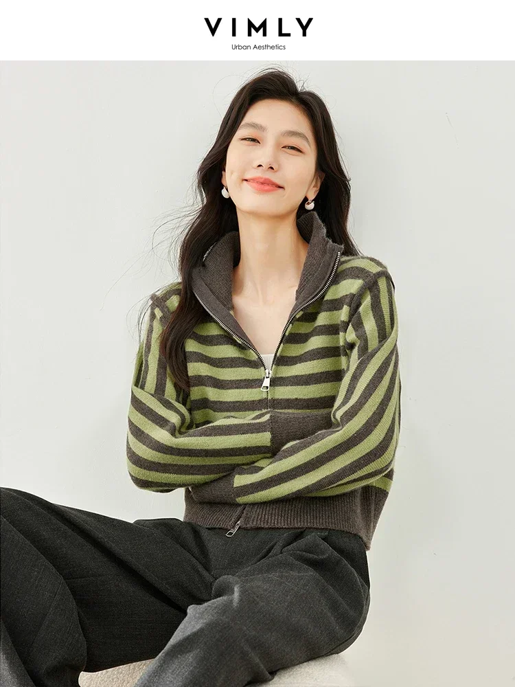 Укороченный кардиган Vimly в контрастную полоску Осенний Женский Мягкий Вязаный