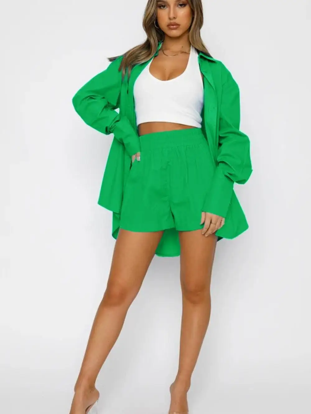 

Women Tracksuit Shirt Shorts Green Long Sleeve Top Shorts Suit 2022 Summer Casual Female Single Breasted Outfits Two Piece Set