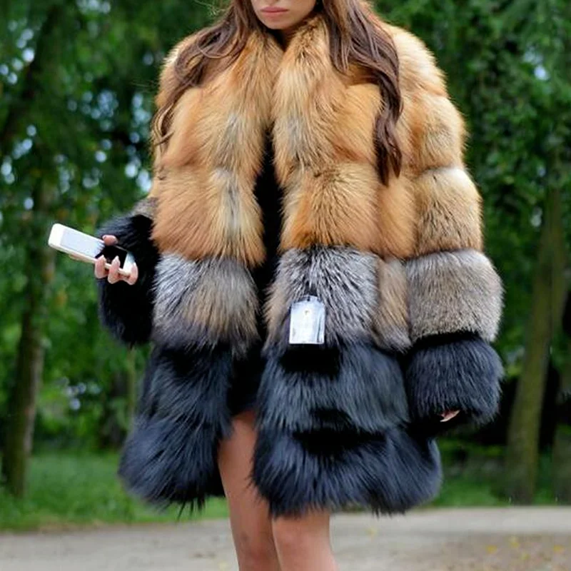 Luxurious Fashion Faux Fur Coat Autumn Winter 2021 Women Casual Warm Slim Long Faux Mink Fur Pocket Patchwork Fur Jacket Elegant