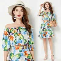 2022 womens summer new style high end temperament fashion sexy one shoulder printed seven sleeve top skirt two piece set