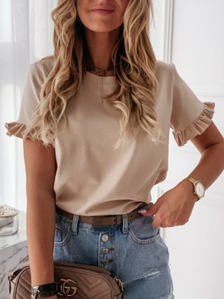 

Футболка женская летняя однотонная, с коротким рукавом и круглым вырезом