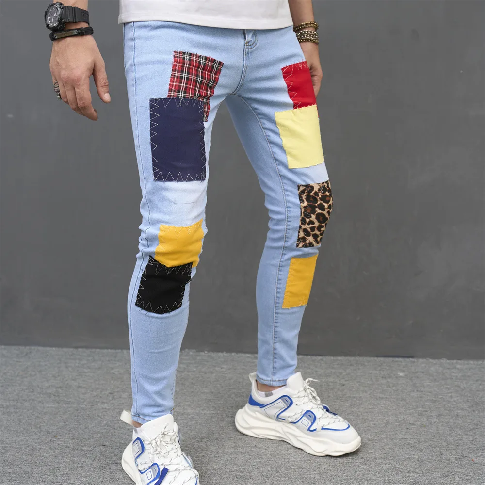 

Men's Personality Patchwork Skinny Stretch Jeans Streetwear Light Blue Washed Straight Denim Pants Male Casual Cotton Trousers