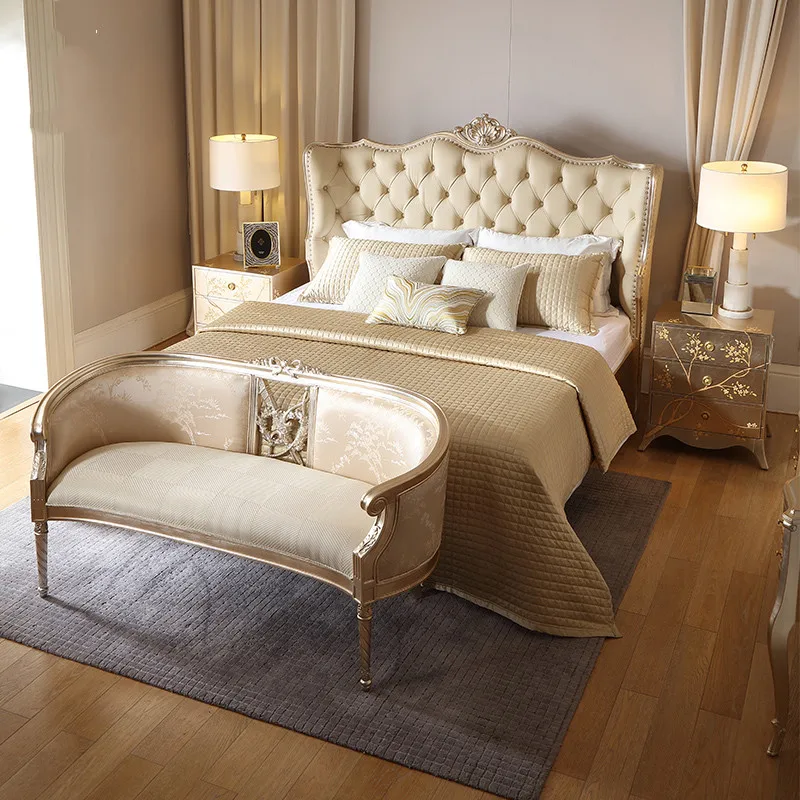 

French Luxury Solid Wood Carved Bed Bedroom European-style Leather 1.8m Double Bed Wedding Bed High-end Furniture Bed