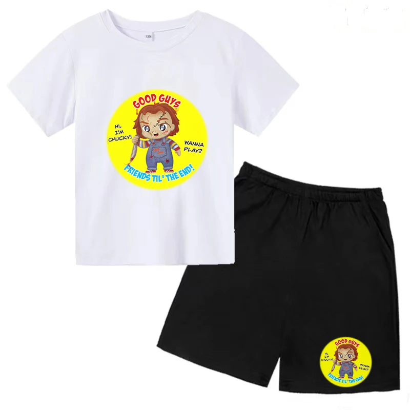 2023T Shirt Horror Movie Hip Hop Cartoon Fun Printed Boy Kid Girl Summer Top + Shorts Harajuku Fashion Funny Casual 2-piece Set