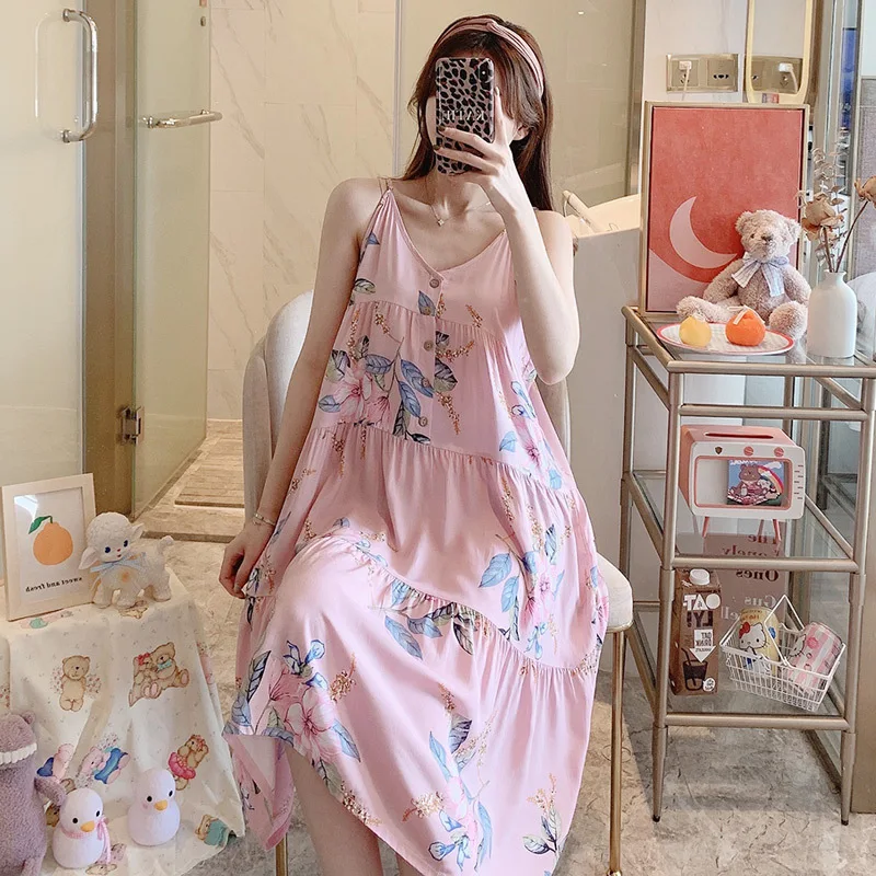 Womens Nightgown Spaghetti Straps Summer Soft Thin Cotton Nightdress Sleepwear Floral Print Sleep Dress House Dress with Button