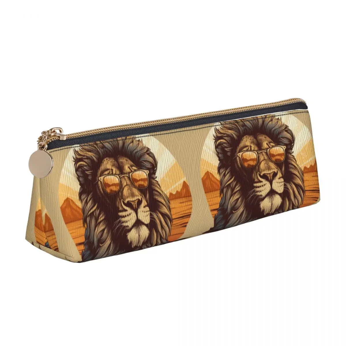 Lion Triangle Pencil Case Retro Sunset Animals With Sunglasses Teens Back to School Zipper Pencil Box Cool Leather Pen Organizer