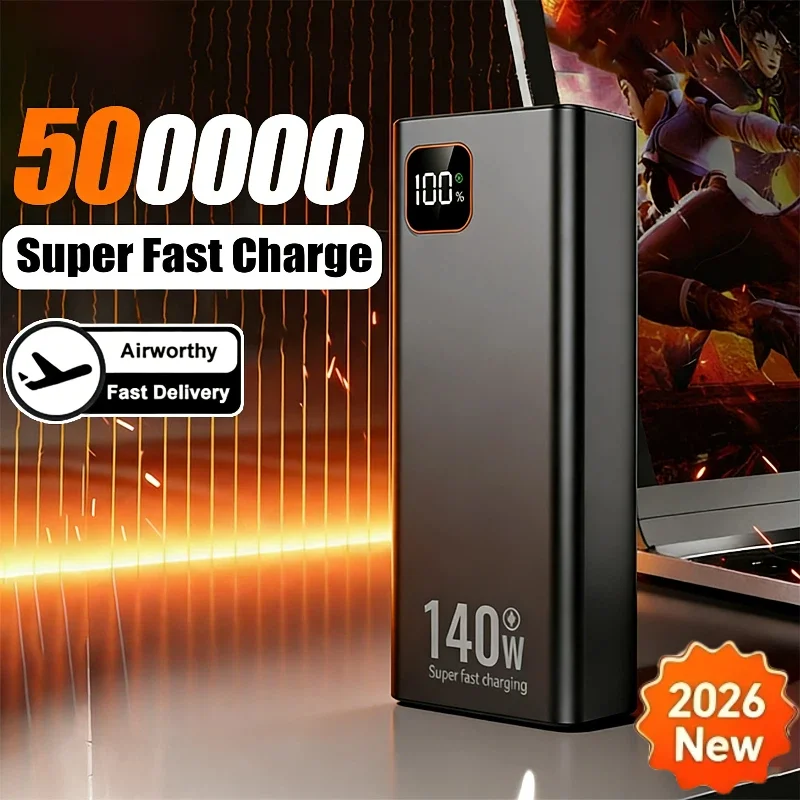 Фото Портативное зарядное устройство (Power Bank) 140 Вт, 500000 мАч, сверхбыстрая зарядка PD 20 Вт, для iPhone, Samsung, Xiaomi, 2026 №1