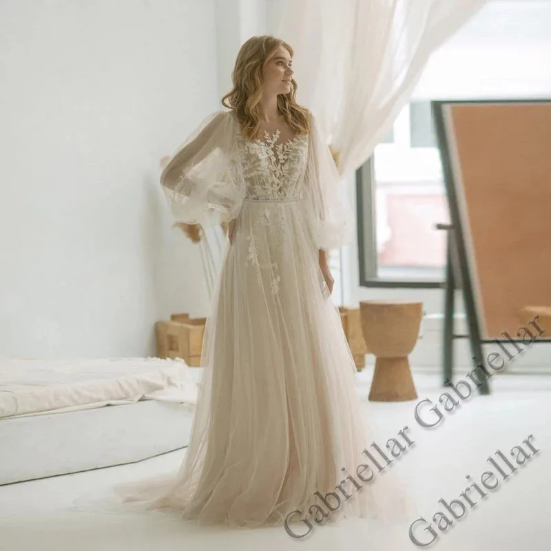 

Gabriellar SCOOP Wedding Dress Aline Backless Full-Sleeve Tulle Exquisite Appliques Mopping Gown Vestido De Novia 2022 Women